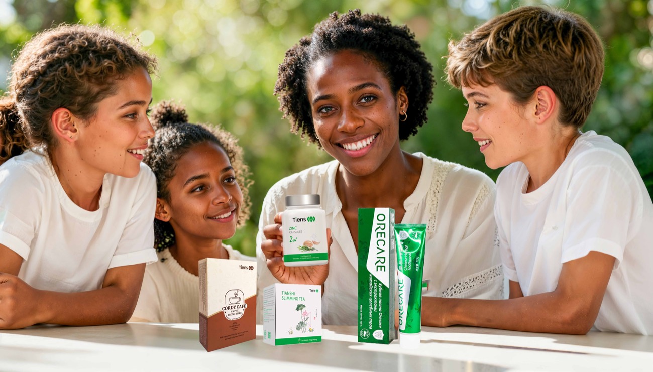 Une famille souriante découvrant des produits TIENS autour d’une table